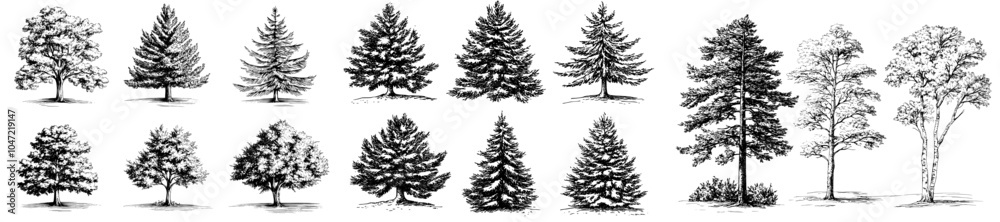 A set of coniferous and deciduous trees for architectural and landscape design, line drawing and contour drawing. Modern illustration.