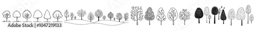 Hand drawn architect trees. Landscape illustration with architectural trees