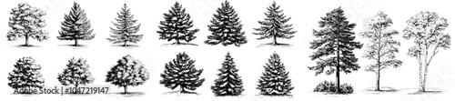 A set of coniferous and deciduous trees for architectural and landscape design, line drawing and contour drawing. Modern illustration.