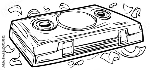 A cartoon plastic old audio record cassette. A drawing of a cassette tape symbol or icon. Free music audio records. Songs from the 1970's, 80's, 90's.