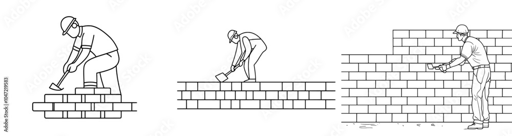 This illustration shows a bricklayer in uniform laying bricks one line at a time. An illustration with continuous line drawings shows repair, professional, hand, people, concept, support, and This illustration shows a bricklayer in uniform laying bricks one line at a time. An illustration with continuous line drawings shows repair, professional, hand, people, concept, support, and