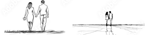 A continuous line drawing of a couple walking hand in hand in a modern style, using line art and illustration