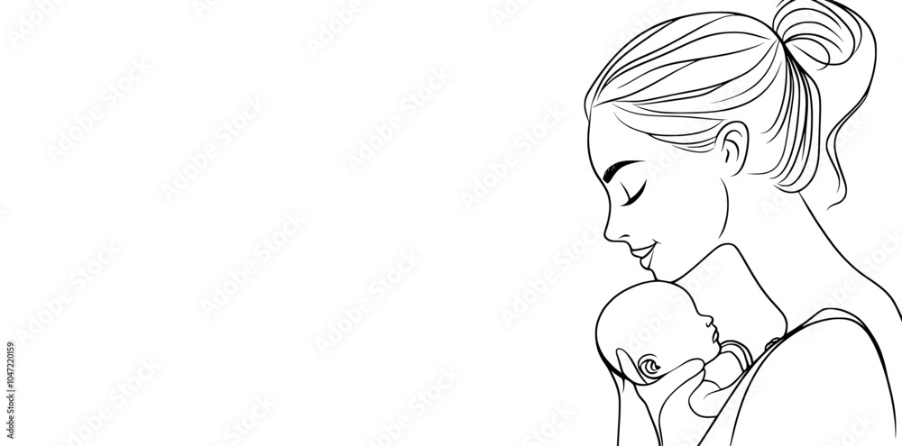 Line art illustration of a mother and son celebrating Mother's Day Line art illustration of a mother and son celebrating Mother's Day
