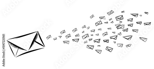 The concept of sending emails for business and social media in a simple linear style is illustrated with a continuous editable page of a flying paper airplane and a piece of mail. The illustration is