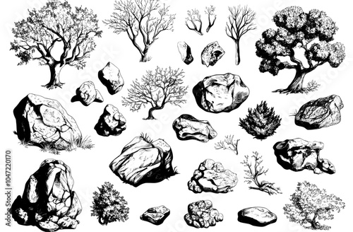 Sketch style cad tree stone line drawing, side view, set of trees elements outline symbol for architecture and landscape design design. Modern illustration with white stroke fill.