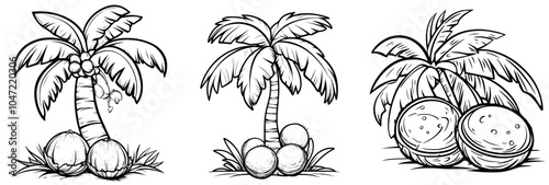 An ink sketch of a palm tree with coconuts is illustrated in silhouette by a modern illustrator.