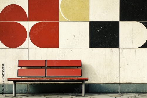 A bright red bench situated in front of a vibrant, colorful wall photo