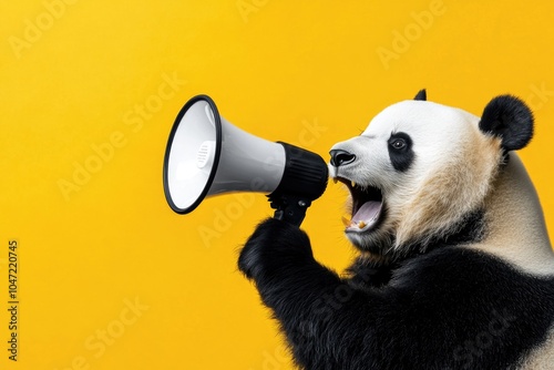A panda bear holds a megaphone in its mouth, ready to make some noise