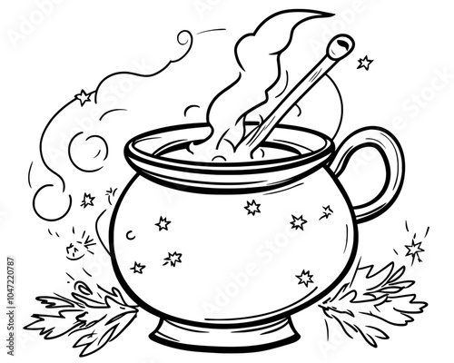 Black witches cauldron with boiling potions line icon isolated on white background. Modern illustration for any design.