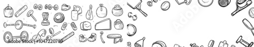 Sport gym sketch icon set. Hand drawn sketch doodle fit exercise equipment icon. Doodle tennis ball, bottle, dumbbell fit equipment. Modern illustration.