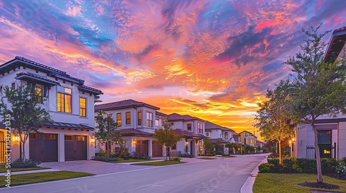 A classic dead-end street of luxury homes bathed in warm, colorful sunset hues of tranquility