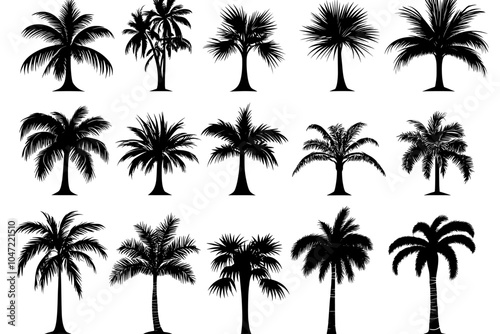 A contemporary palm tree icon set featuring single color illustrations of palm trees for cutting, tattoo designs, or as modern illustrations of palm trees. Modern palm art, design elements, palm tree