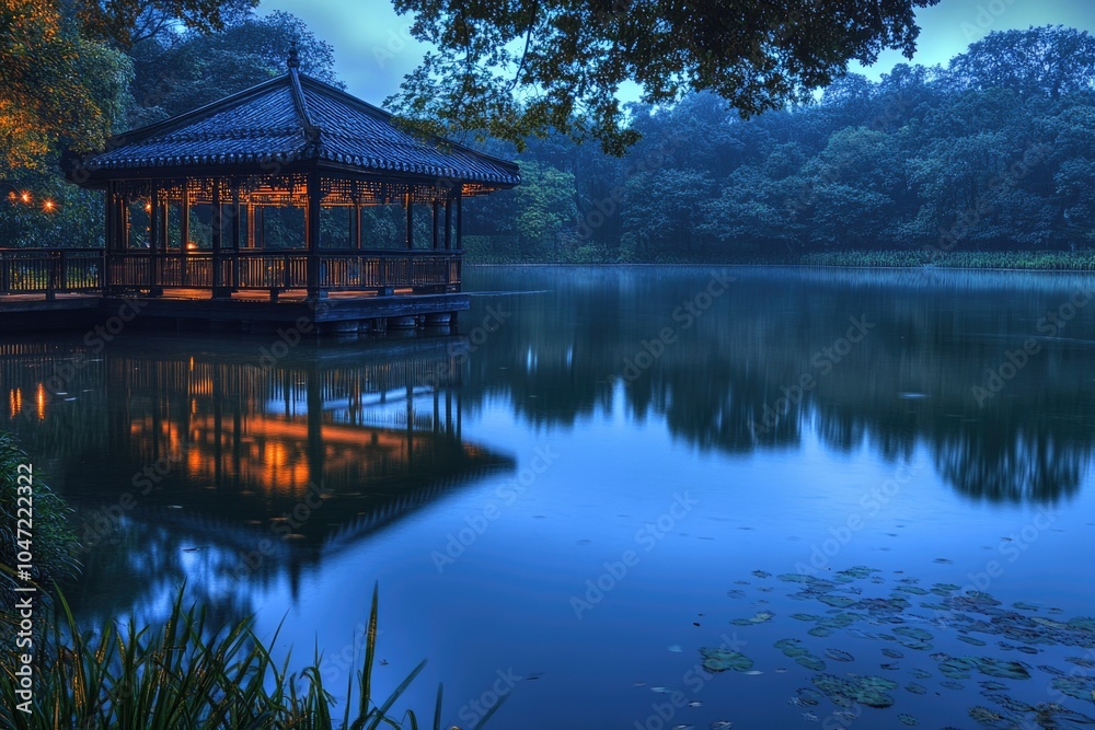 A serene gazebo situated on the edge of a peaceful lake, surrounded by lush forest A serene gazebo situated on the edge of a peaceful lake, surrounded by lush forest