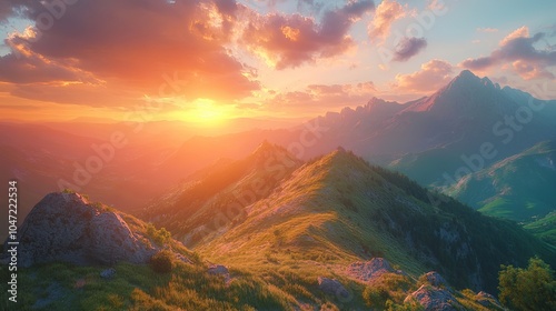 A scenic mountain vista with rolling hills and a dramatic sunset in the background