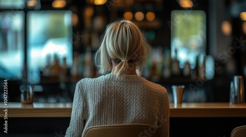 A woman sits at a bar with her back to the camera, focused on something