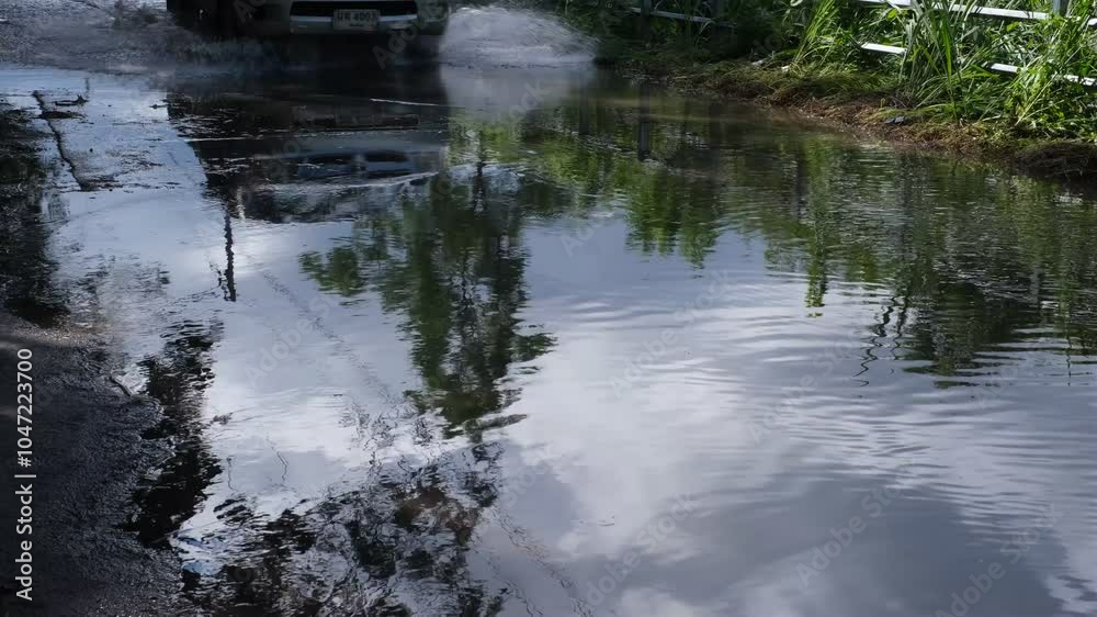 A road is flooded with water and the reflection of trees can be seen in the water A road is flooded with water and the reflection of trees can be seen in the water