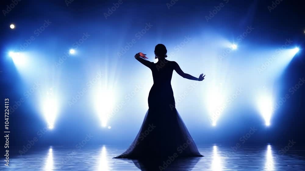 Silhouette of a talented female dancer showcasing a graceful ballroom dance routine on a stage under bright lights