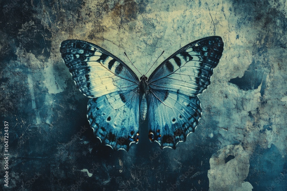 A blue butterfly perched on top of a stone wall A blue butterfly perched on top of a stone wall