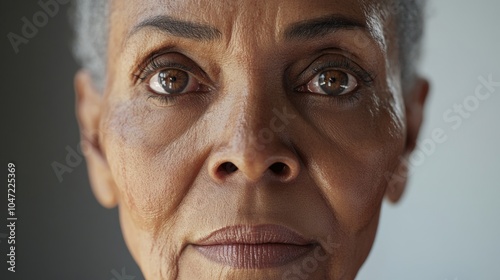 Close-up of a woman's face with deep wrinkles, ideal for stories about aging and wisdom