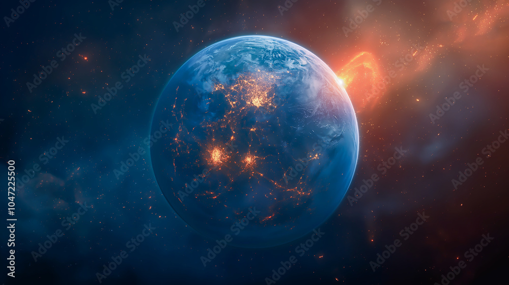 Obraz premium 宇宙から見た地球の大陸で鵜tくしく彩る夜の光