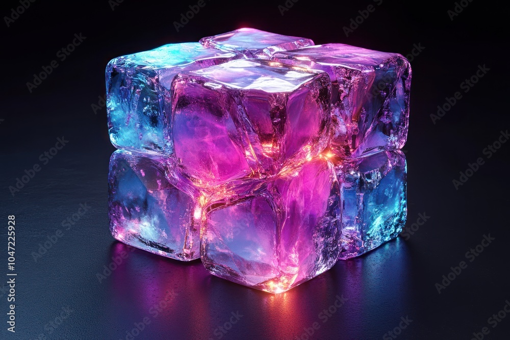 A cluster of illuminated ice cubes with vibrant pink and blue colors against a dark background.