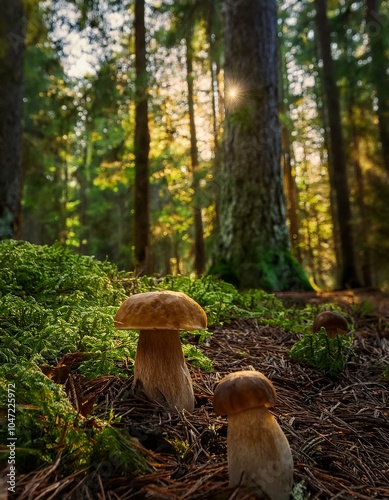 un bosque con arboles grandes y boletus en el suelo