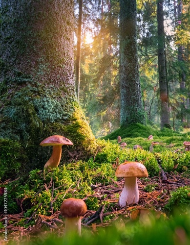 un bosque con arboles grandes y boletus en el suelo