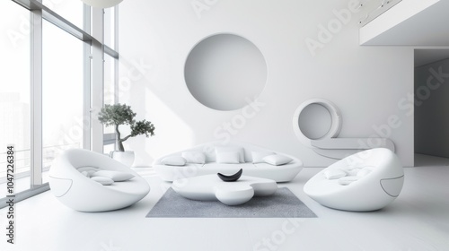 A retro-futuristic space-age minimalist living room design boasting a white canvas backdrop, furnished with minimalist retro-futuristic furniture arrangements, Retro-futuristic minimalist style