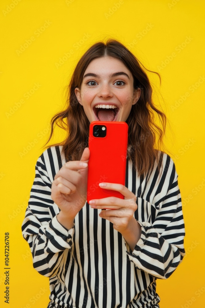 A woman hiding her face with a red cell phone, potentially embarrassed or shy A woman hiding her face with a red cell phone, potentially embarrassed or shy