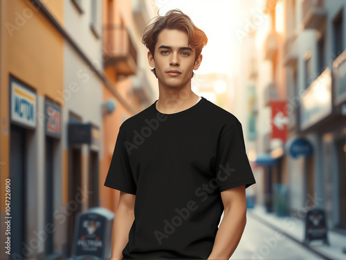 Young man wearing black tshirt and standing confidently in a narrow city alley during golden hour, showcasing urban style and a relaxed pose