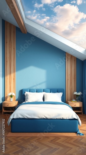 Luxurious bedroom interior, blue accent wall, sloped ceiling with cloud mural, wooden floor, modern bed design, pendant lights, minimalist decor, sunlight streaming in, cozy atmosphere, high-end furni photo