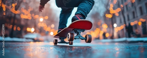 Skateboarder in slow motion, midollie, board twisting underfoot, urban landscape blurred in the background, capturing the energy of the trick