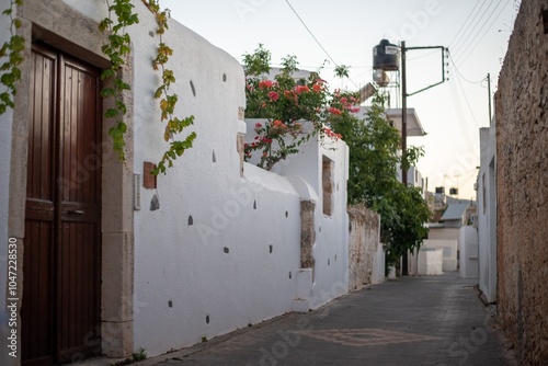 Narrow Greek streets in Hersonissos, Crete, Greece, lined with charming whitewashed buildings, colorful flowers, and vibrant local shops, exuding charm.