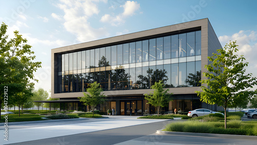 Contemporary Commercial Architecture with Green Landscaping and a Clear Sky