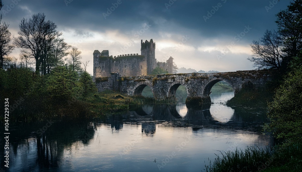 Castillo medieval en ruinas en un dia nublado, junto a un rio y un puente Castillo medieval en ruinas en un dia nublado, junto a un rio y un puente