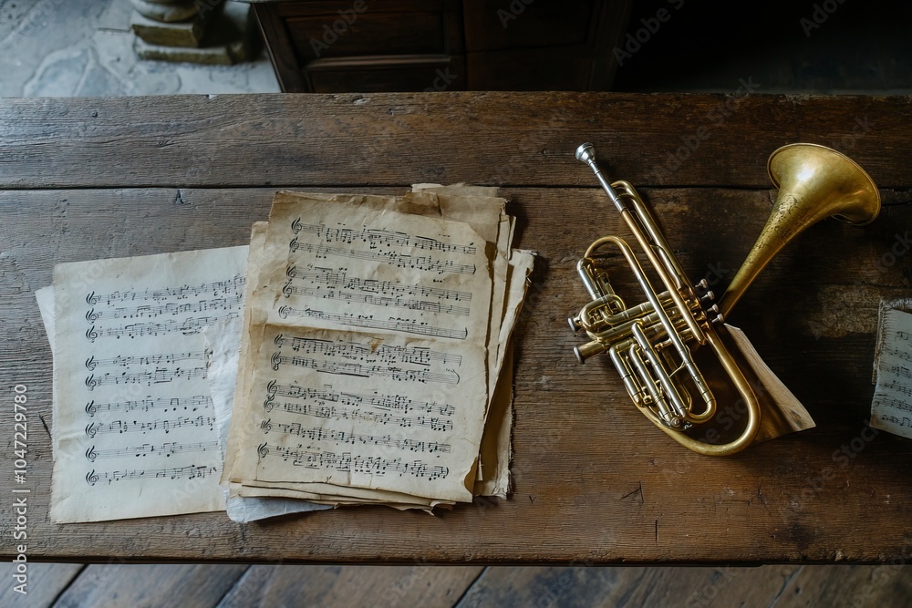 Fototapeta premium Trumpet and music sheets on wooden table, top view .generative ai