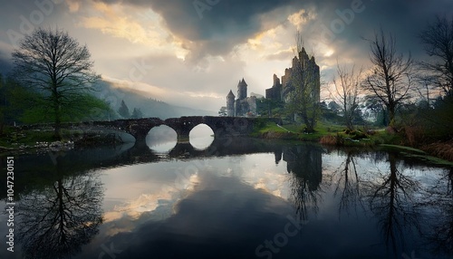 Castillo medieval en ruinas en un dia nublado, junto a un rio y un puente