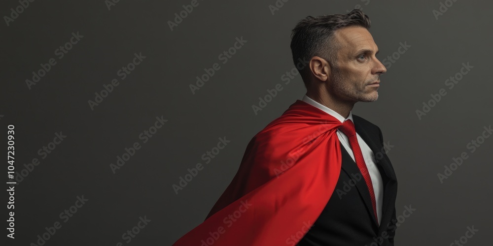 A businessman wearing a suit and red cape, ideal for use as a superhero or corporate character illustration