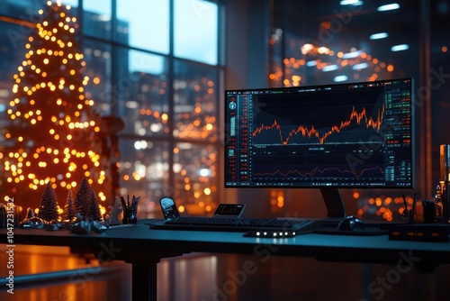 3D Render of Financial Stock Market Graph with Trading Data on Computer Screen in Office at Night