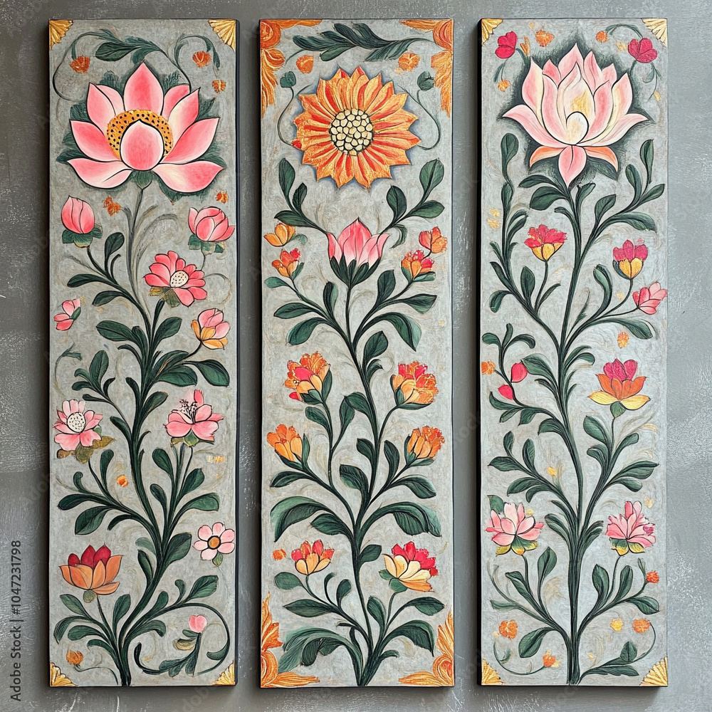 design a set of long, vertical madhubani - style flower bales for a mural on a grey wall in a historicjaipur fort. The design should feature vibrant, blooming flowers like lotuses design a set of long, vertical madhubani - style flower bales for a mural on a grey wall in a historicjaipur fort. The design should feature vibrant, blooming flowers like lotuses
