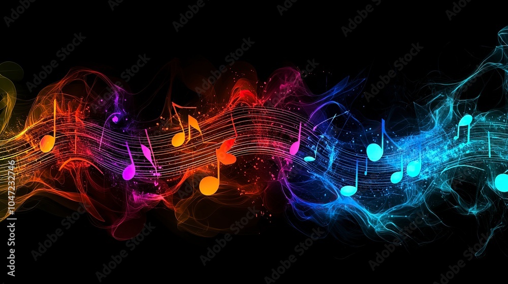 Obraz premium Wave of music melody notes with clef. Musical notes stave line pattern symbols icon, vector. Music notes background, Music notes wave icon. generative ai