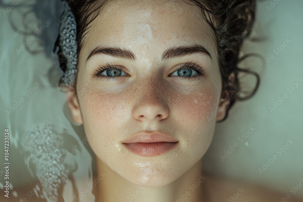 Naklejka premium Close-up of a woman's face with visible freckles, suitable for use in beauty or personal care advertising