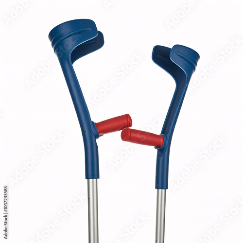 blue crutches with red grips isolated on white background photo