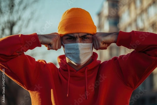 A person wearing a red sweatshirt and a mask to conceal their identity