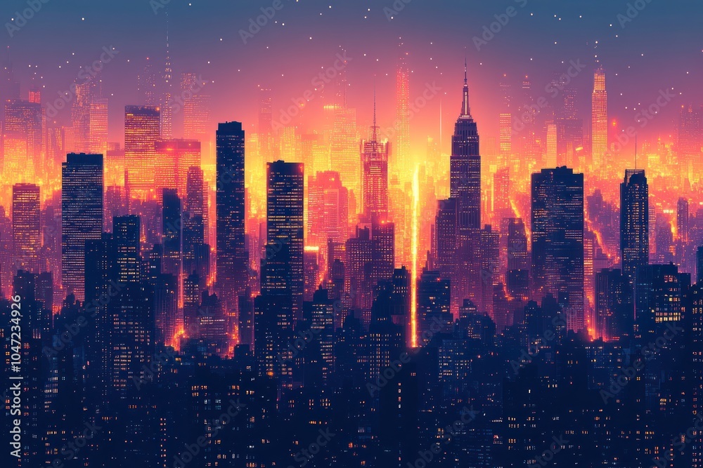 Fototapeta premium A vibrant city skyline at sunset, showcasing towering buildings and glowing lights.