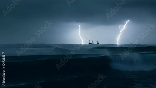 Lightningstrikes over rough sea with a large container ship in the distance photo