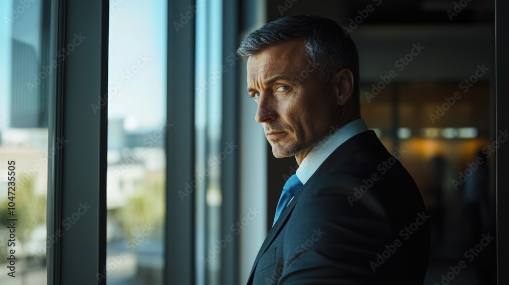 A man standing at a window, dressed in a suit, looking outside A man standing at a window, dressed in a suit, looking outside