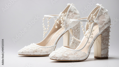 Two white, lace wedding shoes with high block heels and pearl embellishments.

