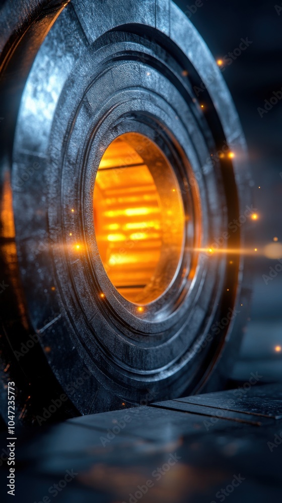 Futuristic metallic design with glowing orange center, high-tech ambiance. Futuristic metallic design with glowing orange center, high-tech ambiance.
