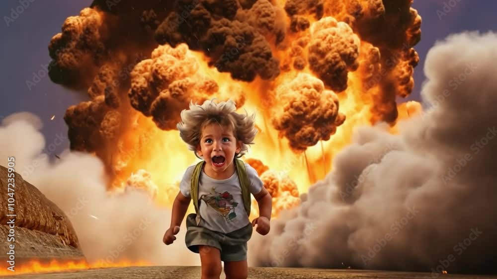 Little boy running away from big explosion
